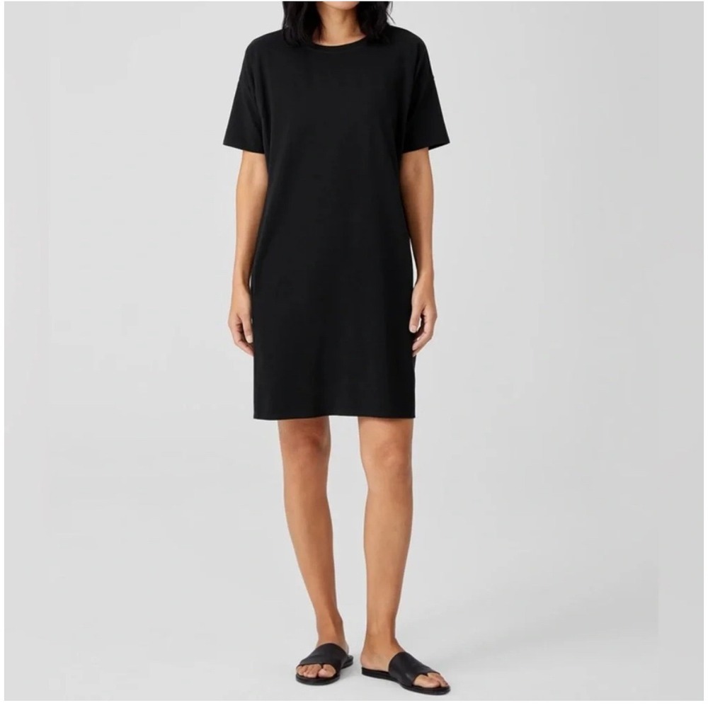 Eileen Fisher Black Tencel Lyocell Short Sleeve Shift T-Shirt Dress Plus Size 1X